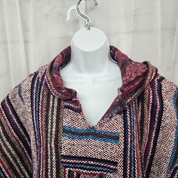 Baja Joe Red Blue Striped Baja Hooded Jacket Beach Hippie L/XL - Picture 2 of 11